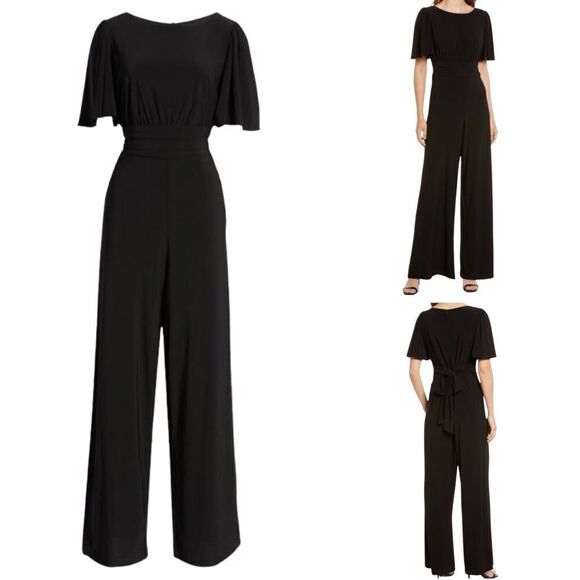 Julia Jordan Black Flutter Sleeve Stretch Jersey Wide Leg Jumpsuit Sz 12 - Picture 3 of 16